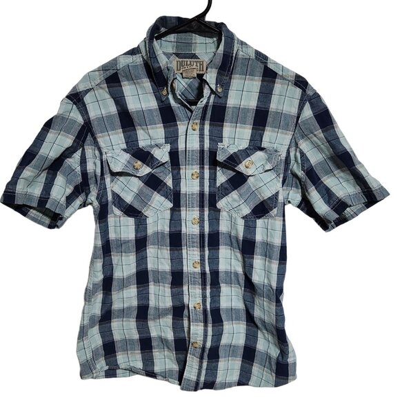 Duluth Trading Co Button Front Shirt Mens Size Small Blue Plaid Short Sleeve - Picture 1 of 3